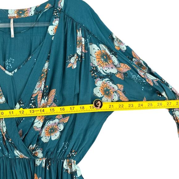 Free People Teal Tuscan Dreams Floral Print V Neck Wrap Long Sleeve Blouse XS - Picture 6 of 6
